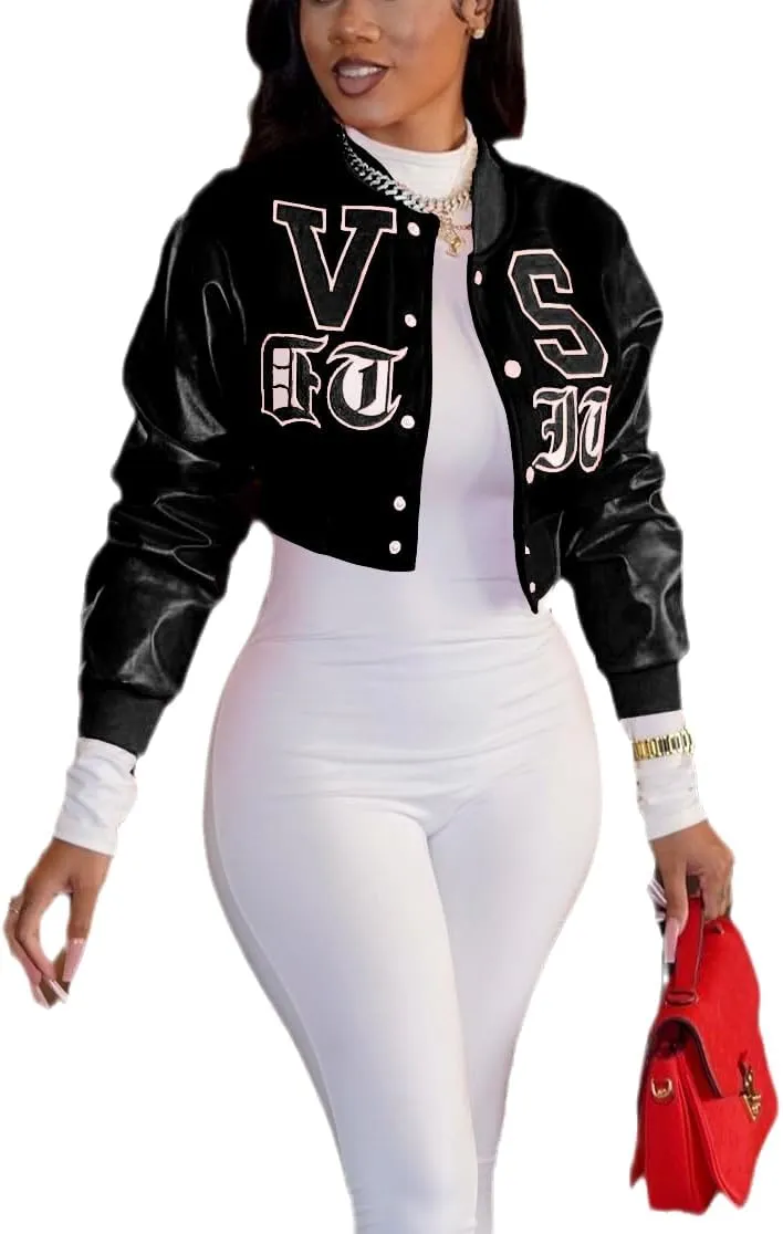 THLAI Women Varsity Jacket Button Down Cropped Faux Leather Jacket Letter Embroidery Jacket Short Baseball Outwear
