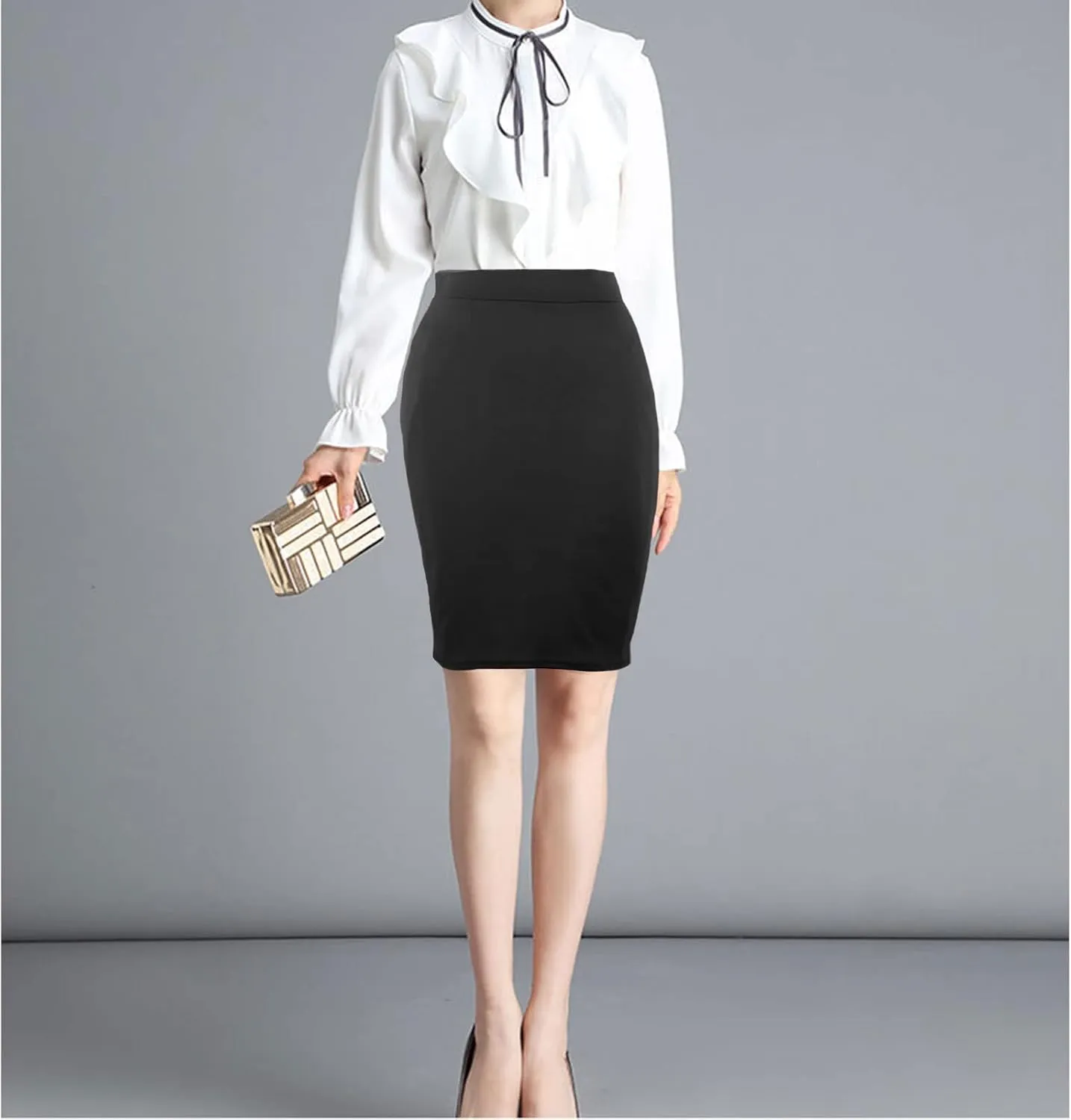 Topdress Women's Bodycon Pencil Skirts Basic Elastic High Waisted Stretch Short Skirt Knee Lenght with Slit