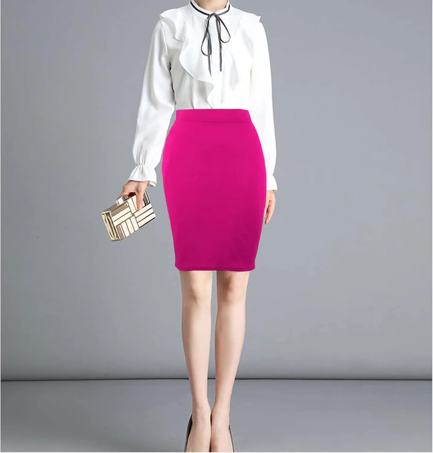 Topdress Women's Bodycon Pencil Skirts Basic Elastic High Waisted Stretch Short Skirt Knee Lenght with Slit