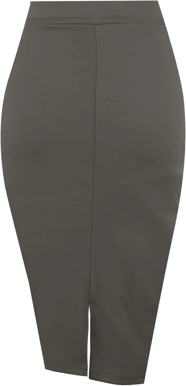 Topdress Women's Bodycon Pencil Skirts Basic Elastic High Waisted Stretch Short Skirt Knee Lenght with Slit