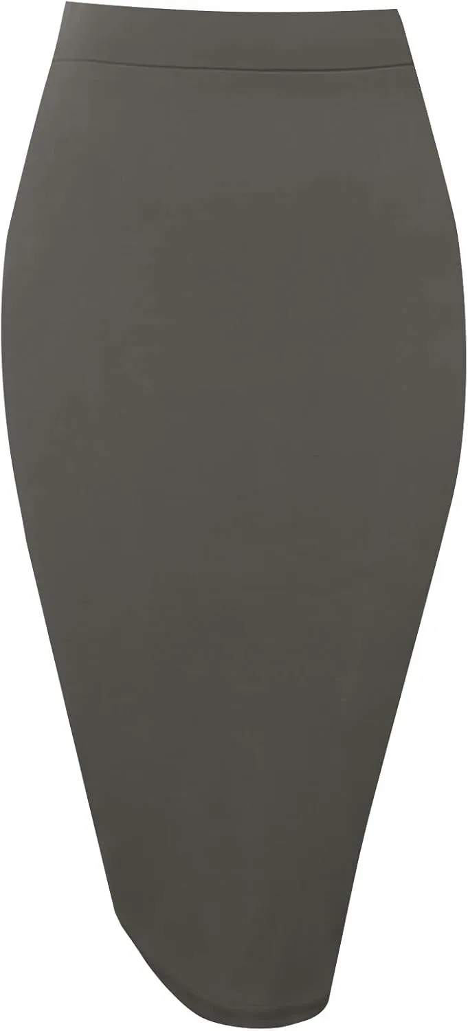 Topdress Women's Bodycon Pencil Skirts Basic Elastic High Waisted Stretch Short Skirt Knee Lenght with Slit
