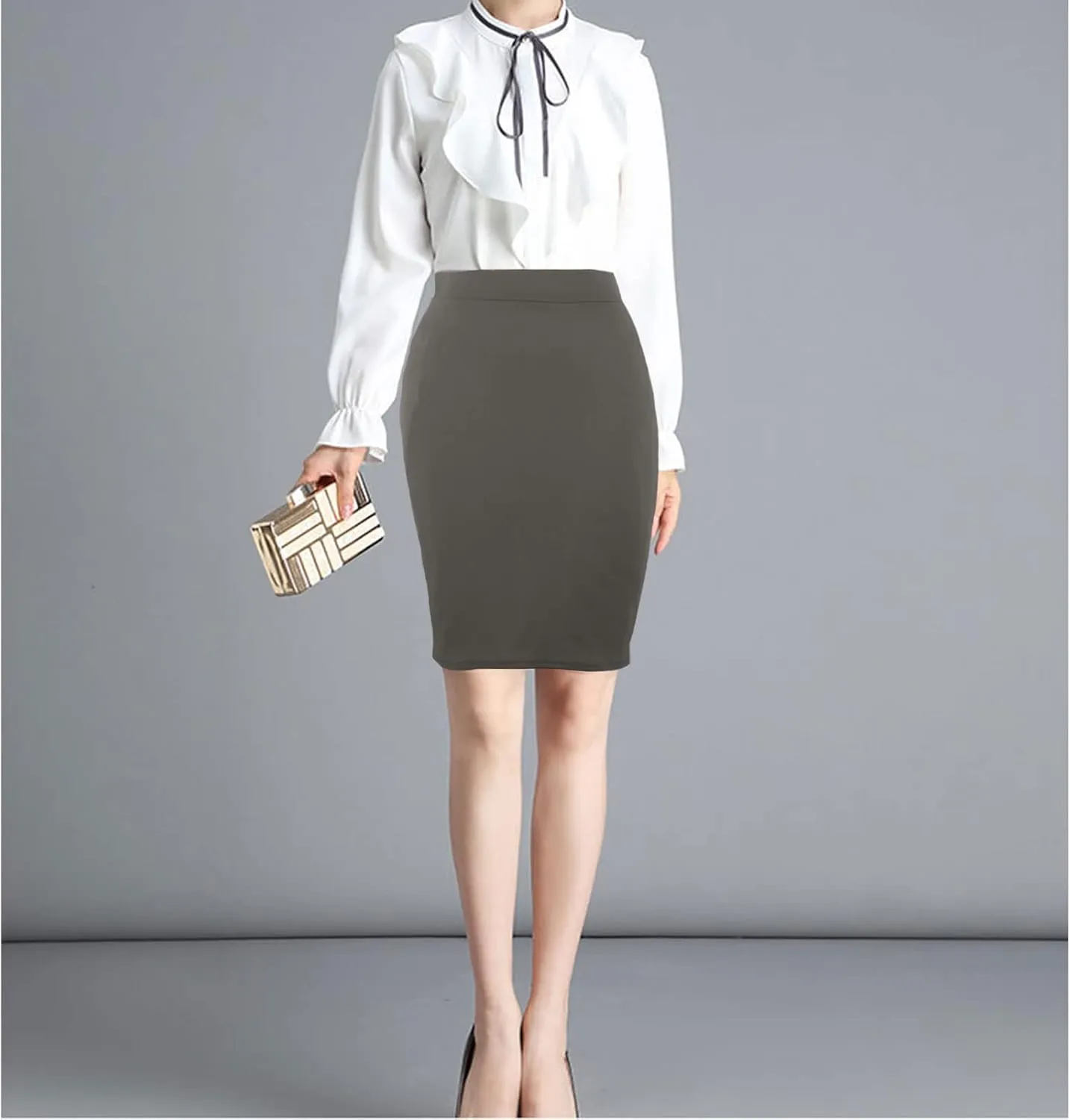 Topdress Women's Bodycon Pencil Skirts Basic Elastic High Waisted Stretch Short Skirt Knee Lenght with Slit