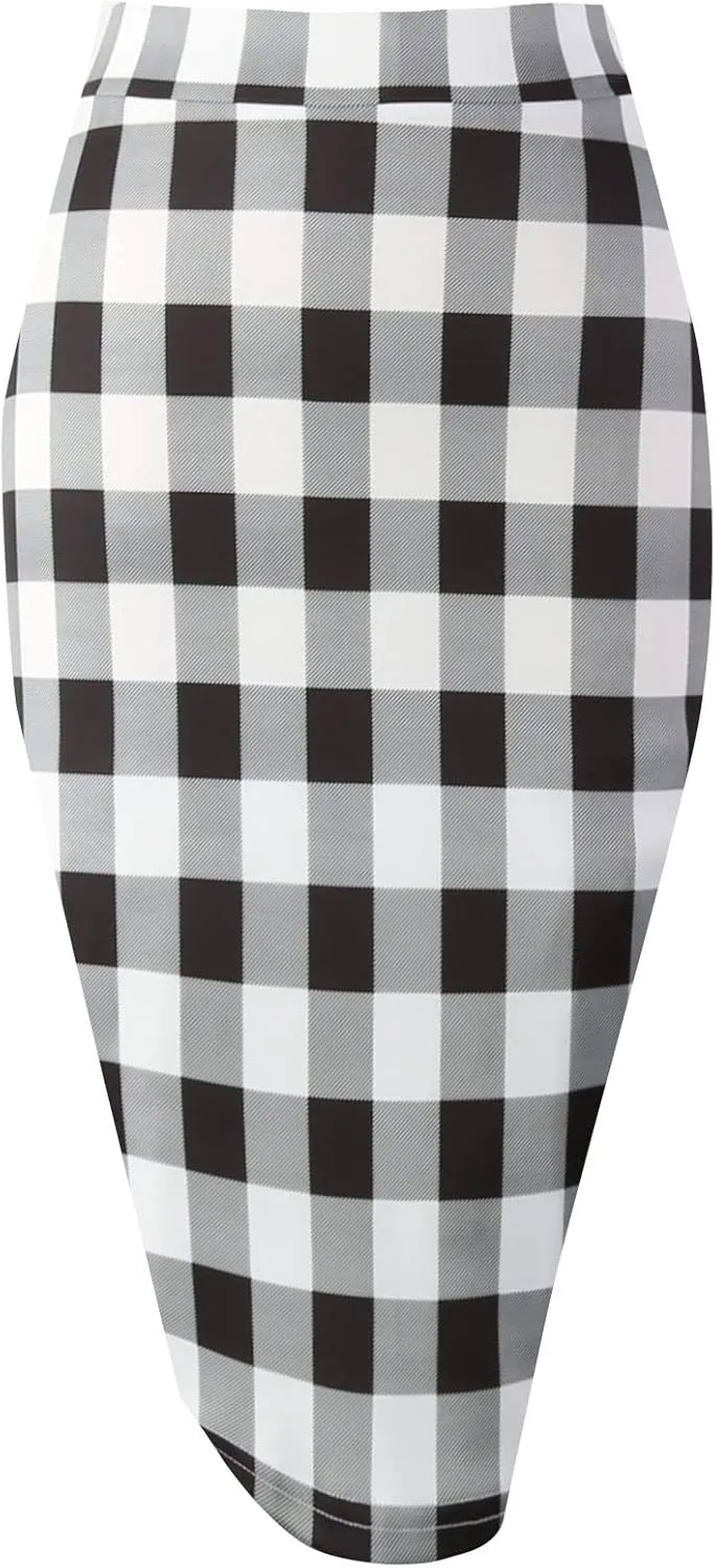 Topdress Women's Bodycon Pencil Skirts Basic Elastic High Waisted Stretch Short Skirt Knee Lenght with Slit