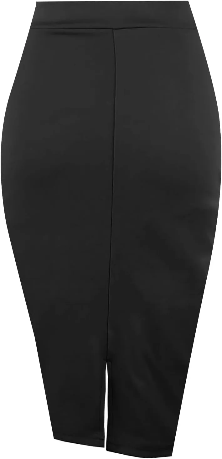 Topdress Women's Bodycon Pencil Skirts Basic Elastic High Waisted Stretch Short Skirt Knee Lenght with Slit