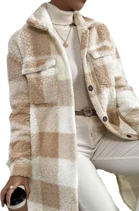 utcoco Womens Long Fleece Plaid Jacket Cozy Lapel Button Down Sherpa Shacket 2024 Fall Winter Plaid Coats