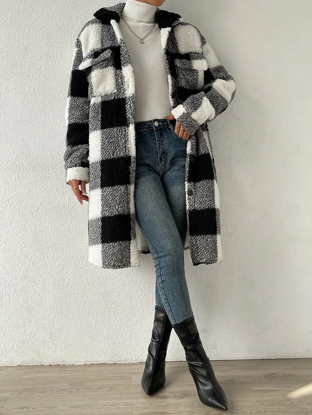 utcoco Womens Long Fleece Plaid Jacket Cozy Lapel Button Down Sherpa Shacket 2024 Fall Winter Plaid Coats