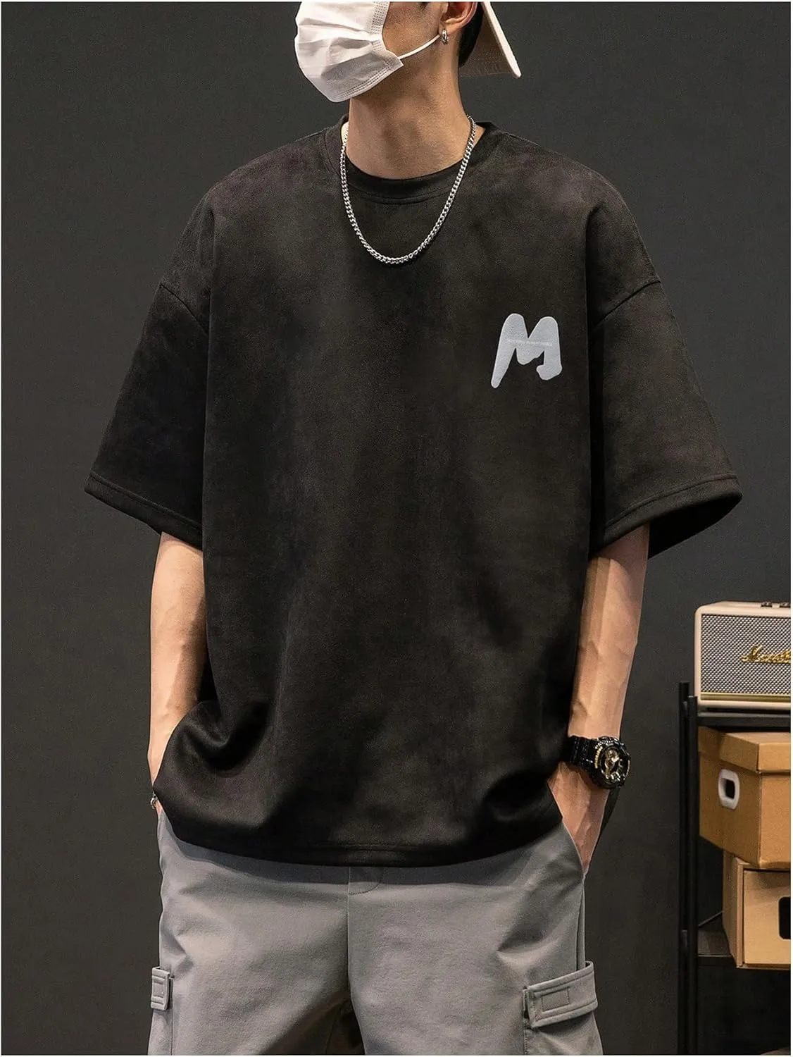 Verdusa Men's Casual T Shirts Letter Printed Drop Shoulder Round Neck Half Sleeve Tops