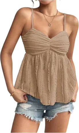 Verdusa Women's Baby Doll Peplum Going Out Tops Ruched Lace Trim Cami Summer Top