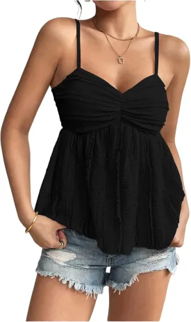 Verdusa Women's Baby Doll Peplum Going Out Tops Ruched Lace Trim Cami Summer Top