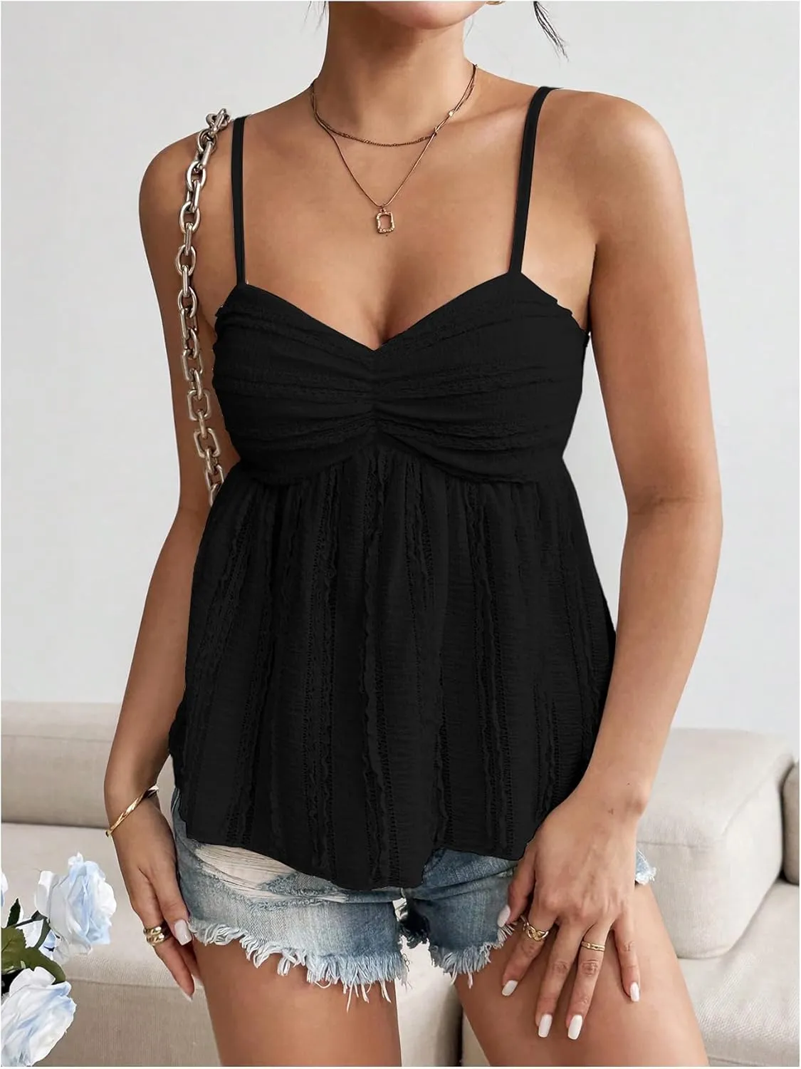 Verdusa Women's Baby Doll Peplum Going Out Tops Ruched Lace Trim Cami Summer Top