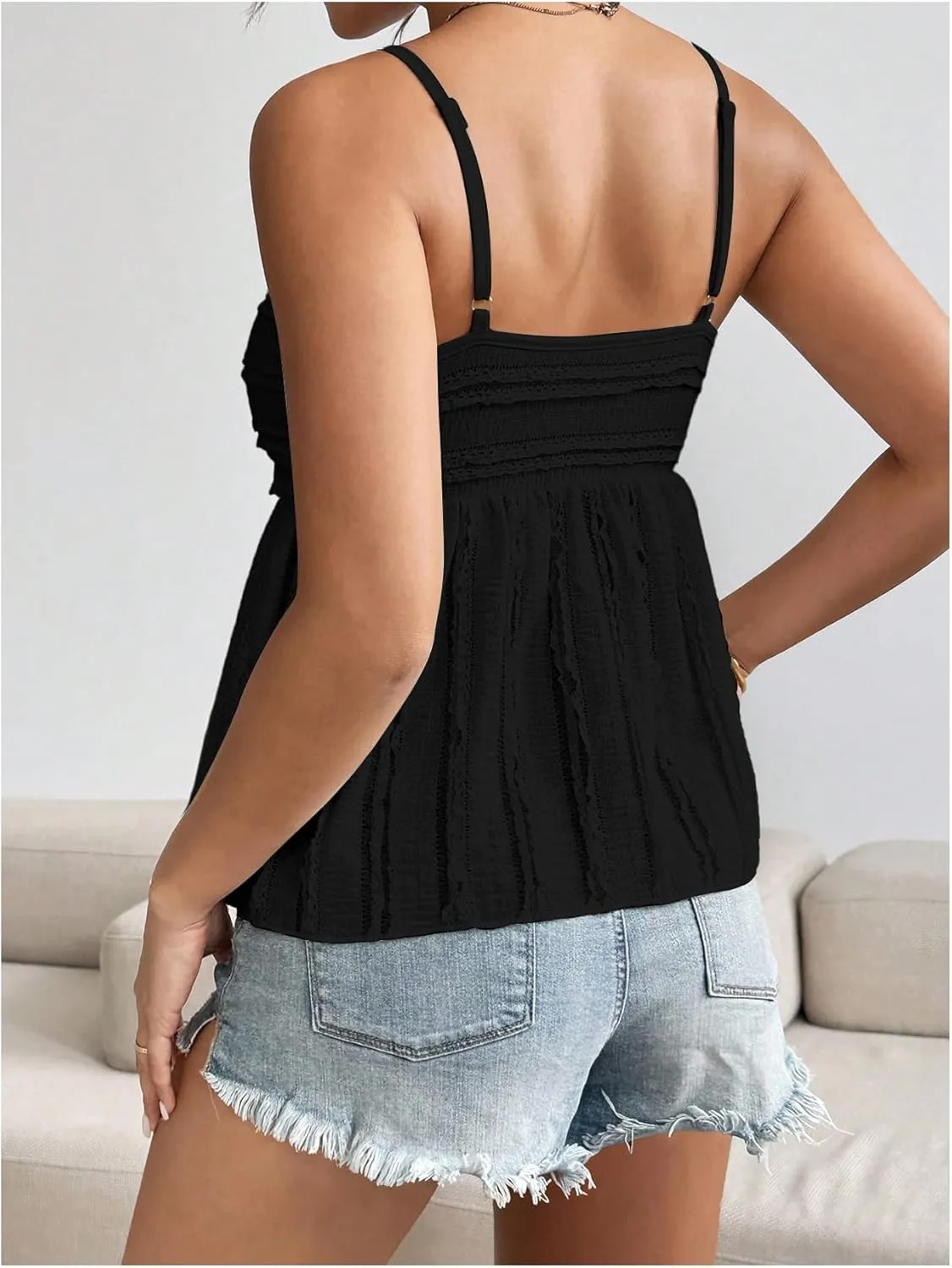 Verdusa Women's Baby Doll Peplum Going Out Tops Ruched Lace Trim Cami Summer Top