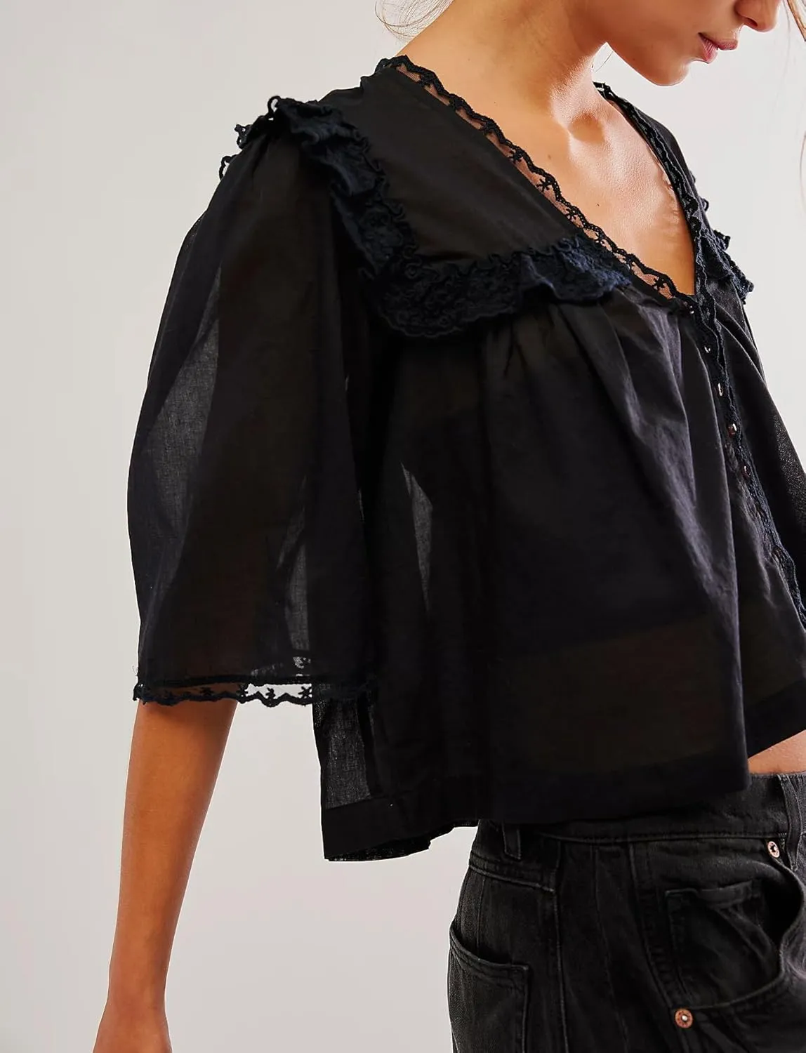 Women Boho Lace Ruffle Trim Shirt Cute Sheer Button Down Peasant Blouse Beachy Flowy Short Sleeve Chiffon Crop Tops