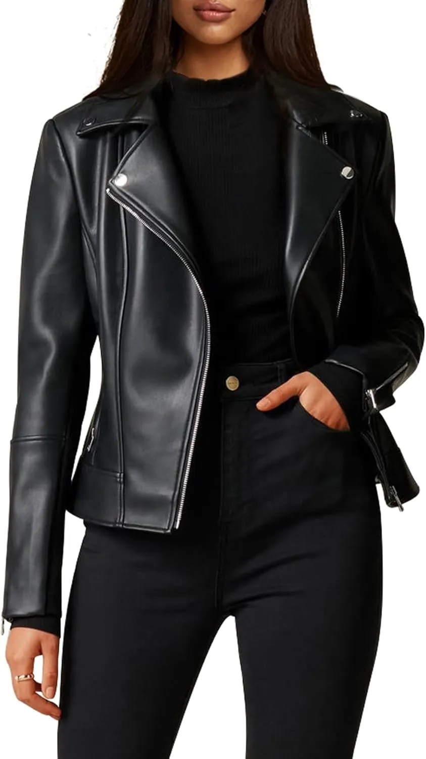 Women Leather Jacket, Buttery Soft Faux Leather Motorcycle Moto Biker Short Jacket, Stretchy Sleeve Asymmetrical Stylish Coat