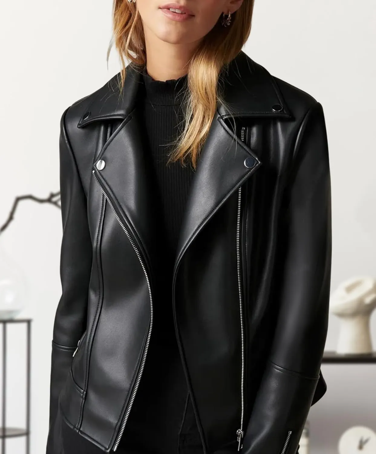 Women Leather Jacket, Buttery Soft Faux Leather Motorcycle Moto Biker Short Jacket, Stretchy Sleeve Asymmetrical Stylish Coat