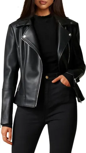 Women Leather Jacket, Buttery Soft Faux Leather Motorcycle Moto Biker Short Jacket, Stretchy Sleeve Asymmetrical Stylish Coat