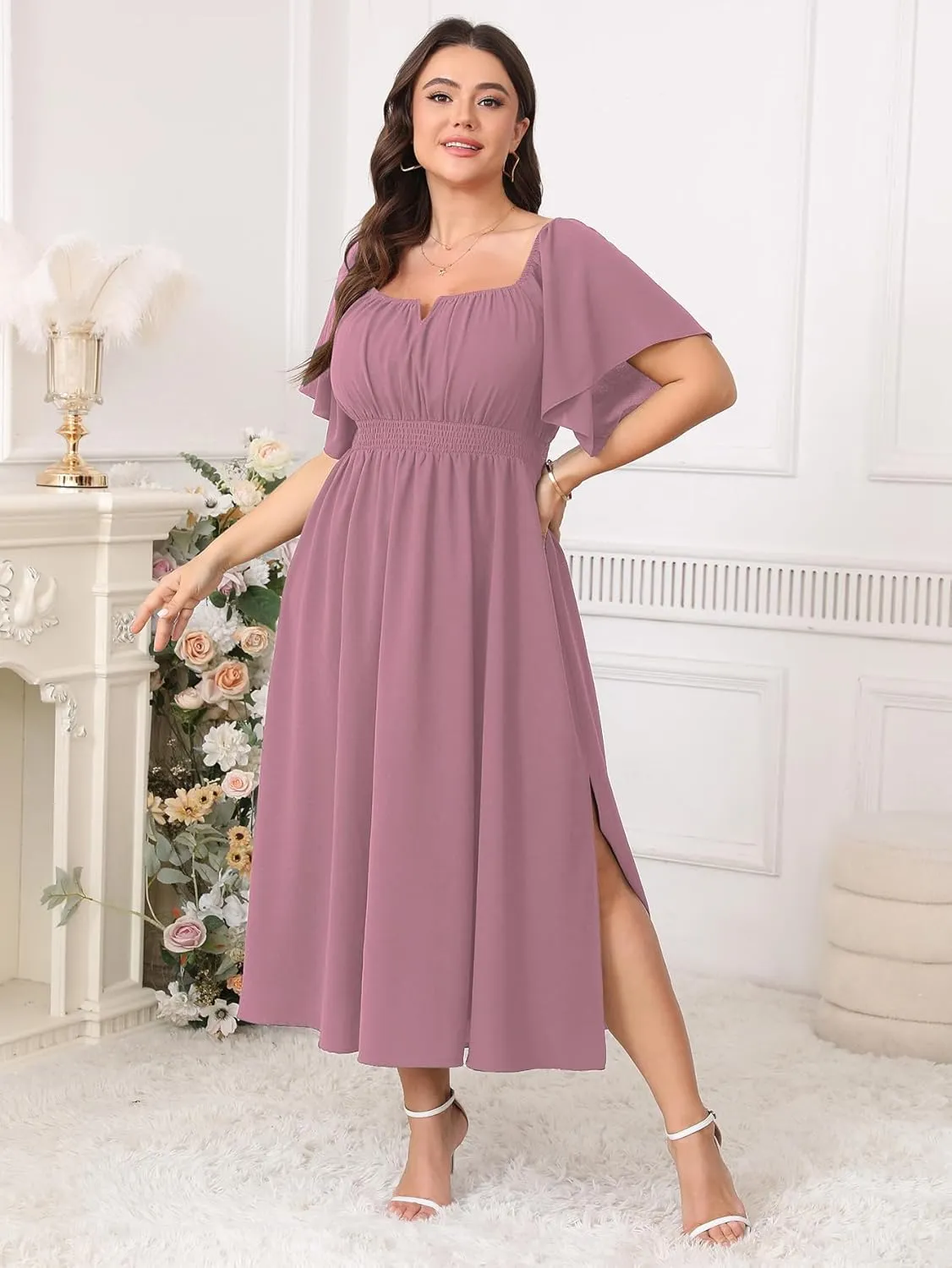 Women Plus Size Dress Wedding Guest Formal Ruffle Short Sleeve Square Neck Smocked Flowy A Line Slit Maxi Dresses