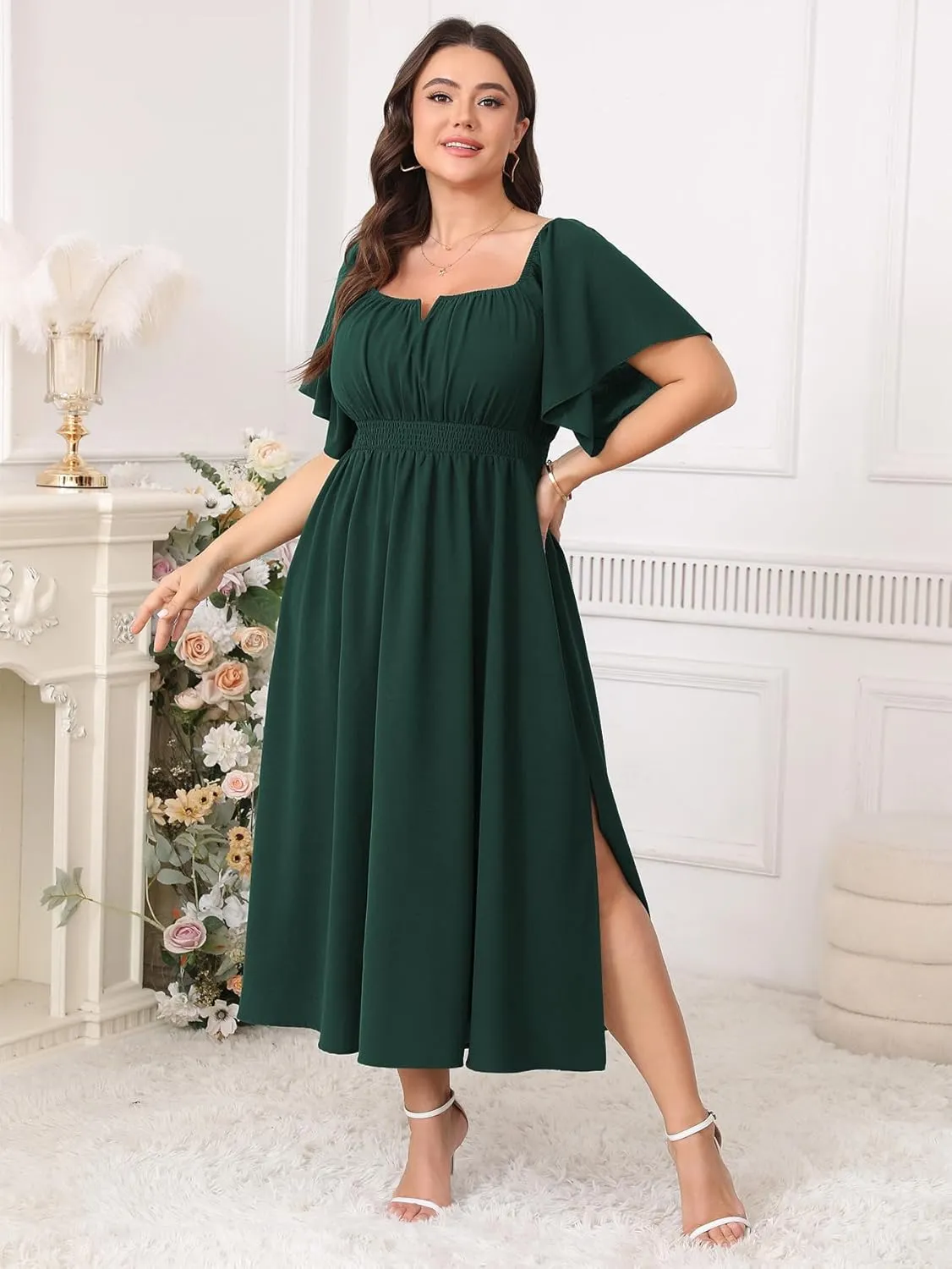 Women Plus Size Dress Wedding Guest Formal Ruffle Short Sleeve Square Neck Smocked Flowy A Line Slit Maxi Dresses