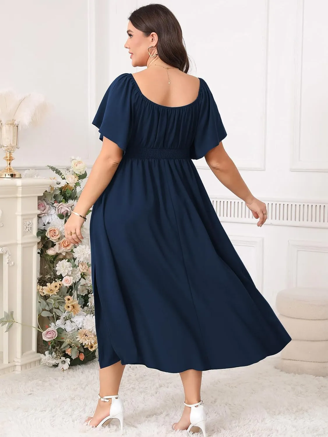 Women Plus Size Dress Wedding Guest Formal Ruffle Short Sleeve Square Neck Smocked Flowy A Line Slit Maxi Dresses