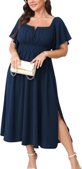 Women Plus Size Dress Wedding Guest Formal Ruffle Short Sleeve Square Neck Smocked Flowy A Line Slit Maxi Dresses
