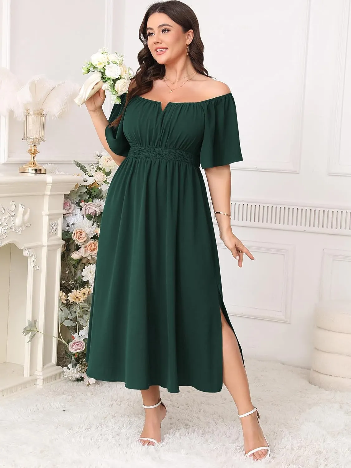 Women Plus Size Dress Wedding Guest Formal Ruffle Short Sleeve Square Neck Smocked Flowy A Line Slit Maxi Dresses