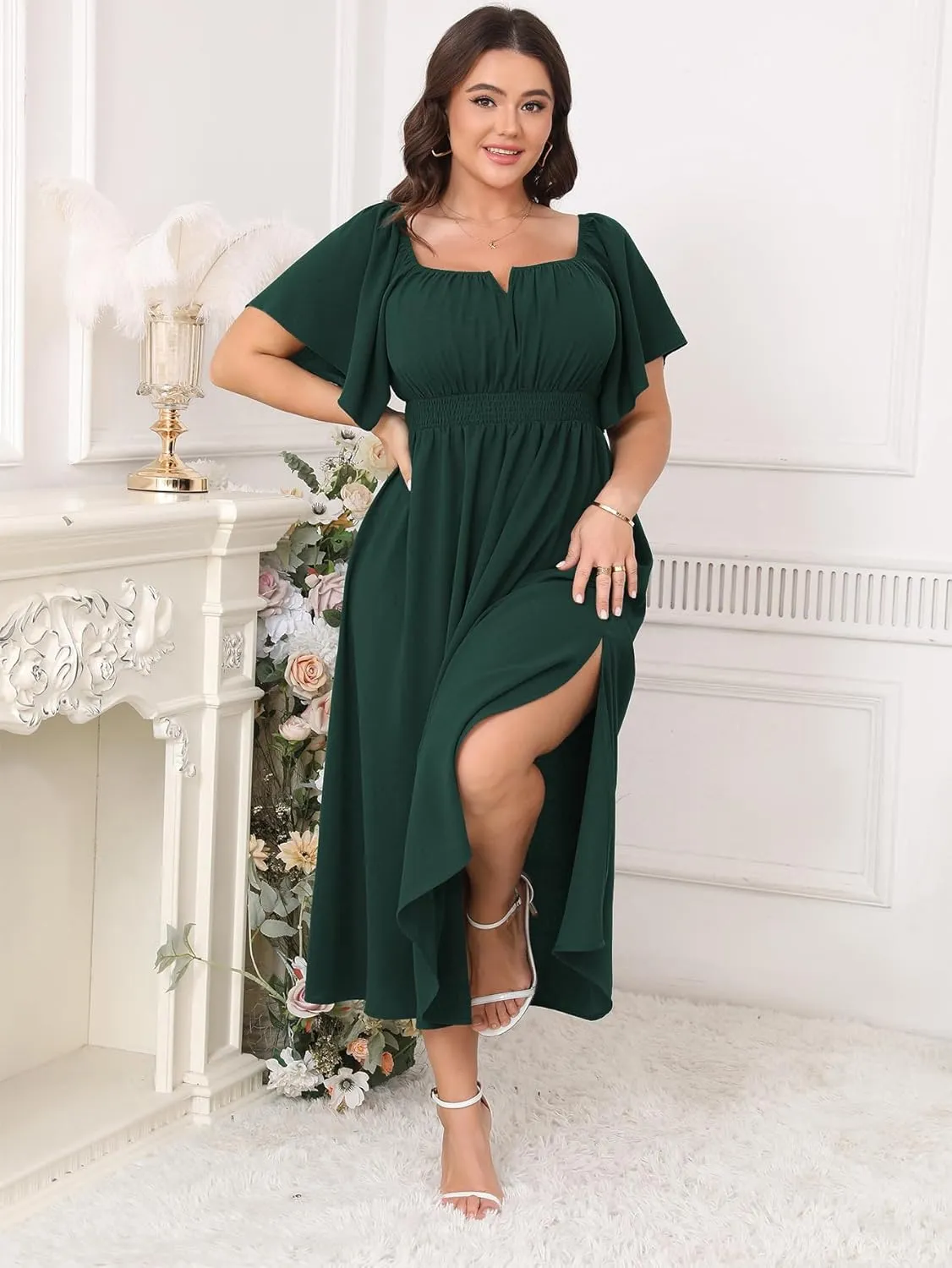 Women Plus Size Dress Wedding Guest Formal Ruffle Short Sleeve Square Neck Smocked Flowy A Line Slit Maxi Dresses
