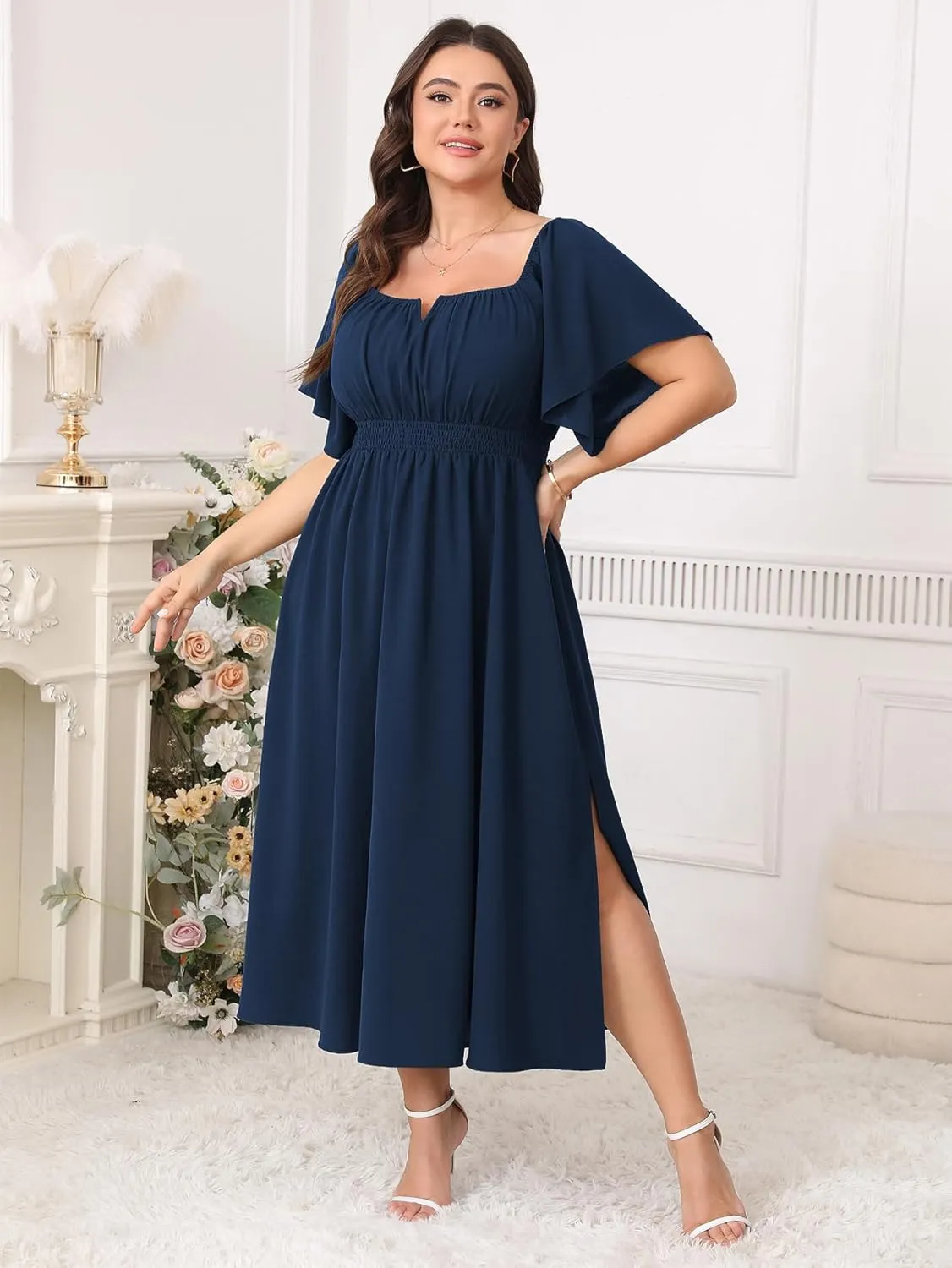 Women Plus Size Dress Wedding Guest Formal Ruffle Short Sleeve Square Neck Smocked Flowy A Line Slit Maxi Dresses