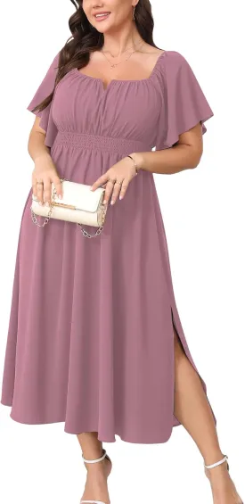 Women Plus Size Dress Wedding Guest Formal Ruffle Short Sleeve Square Neck Smocked Flowy A Line Slit Maxi Dresses
