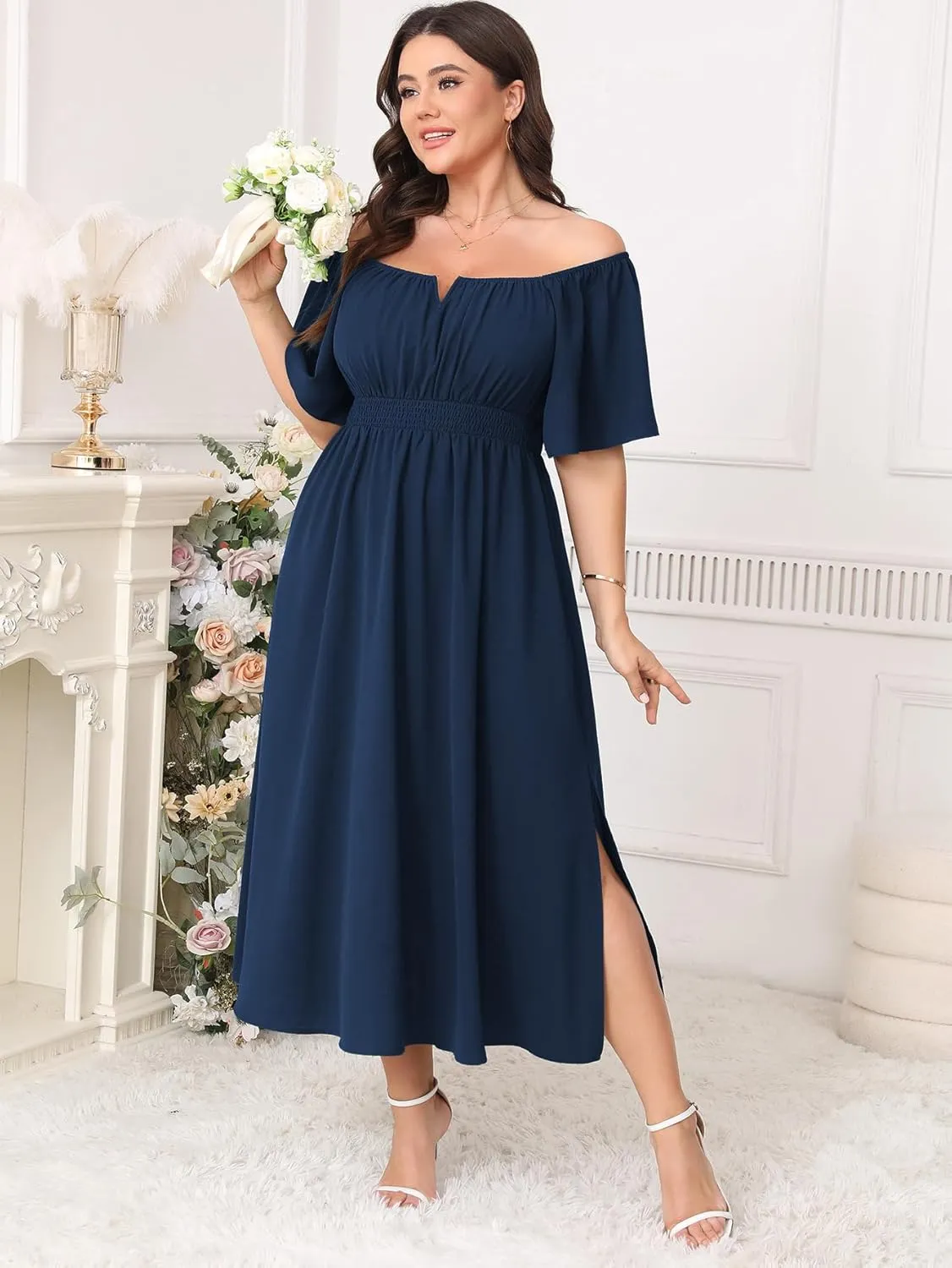 Women Plus Size Dress Wedding Guest Formal Ruffle Short Sleeve Square Neck Smocked Flowy A Line Slit Maxi Dresses