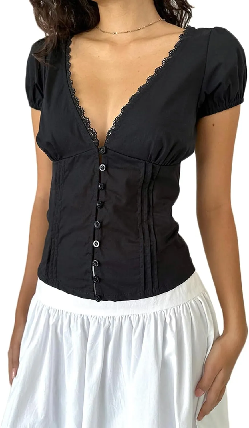 Women Puff Short Sleeve Tops Y2K Sexy Lace Trim Deep V Neck Shirt Casual Slim Fit Ruched Button Down Blouse