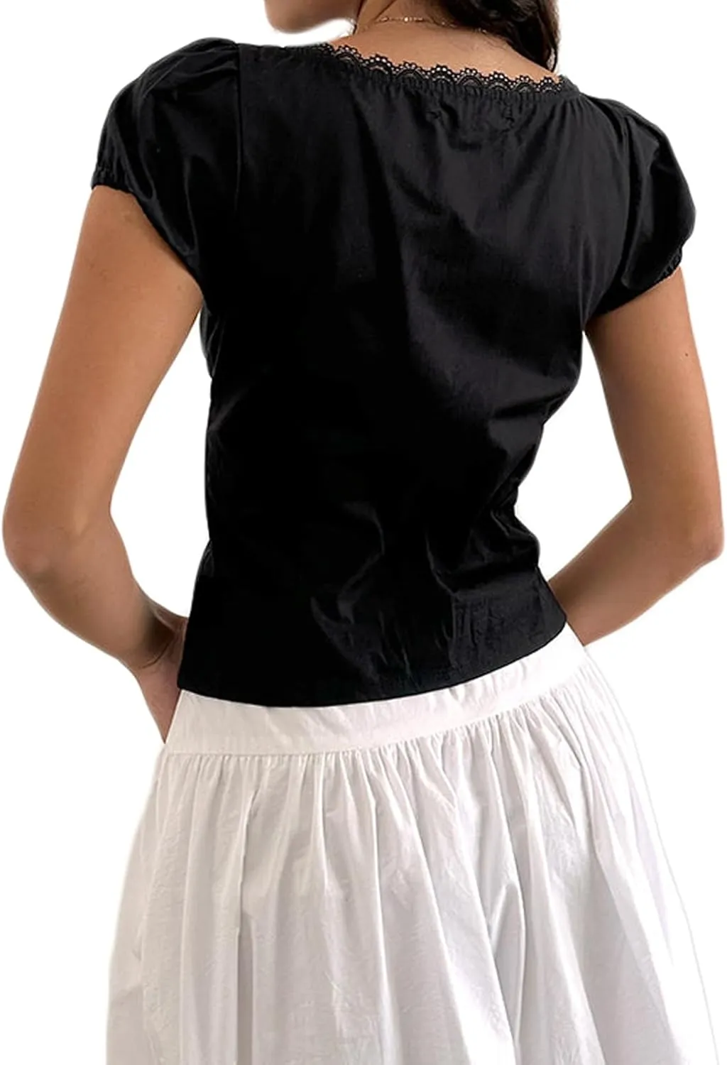 Women Puff Short Sleeve Tops Y2K Sexy Lace Trim Deep V Neck Shirt Casual Slim Fit Ruched Button Down Blouse