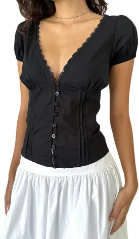 Women Puff Short Sleeve Tops Y2K Sexy Lace Trim Deep V Neck Shirt Casual Slim Fit Ruched Button Down Blouse