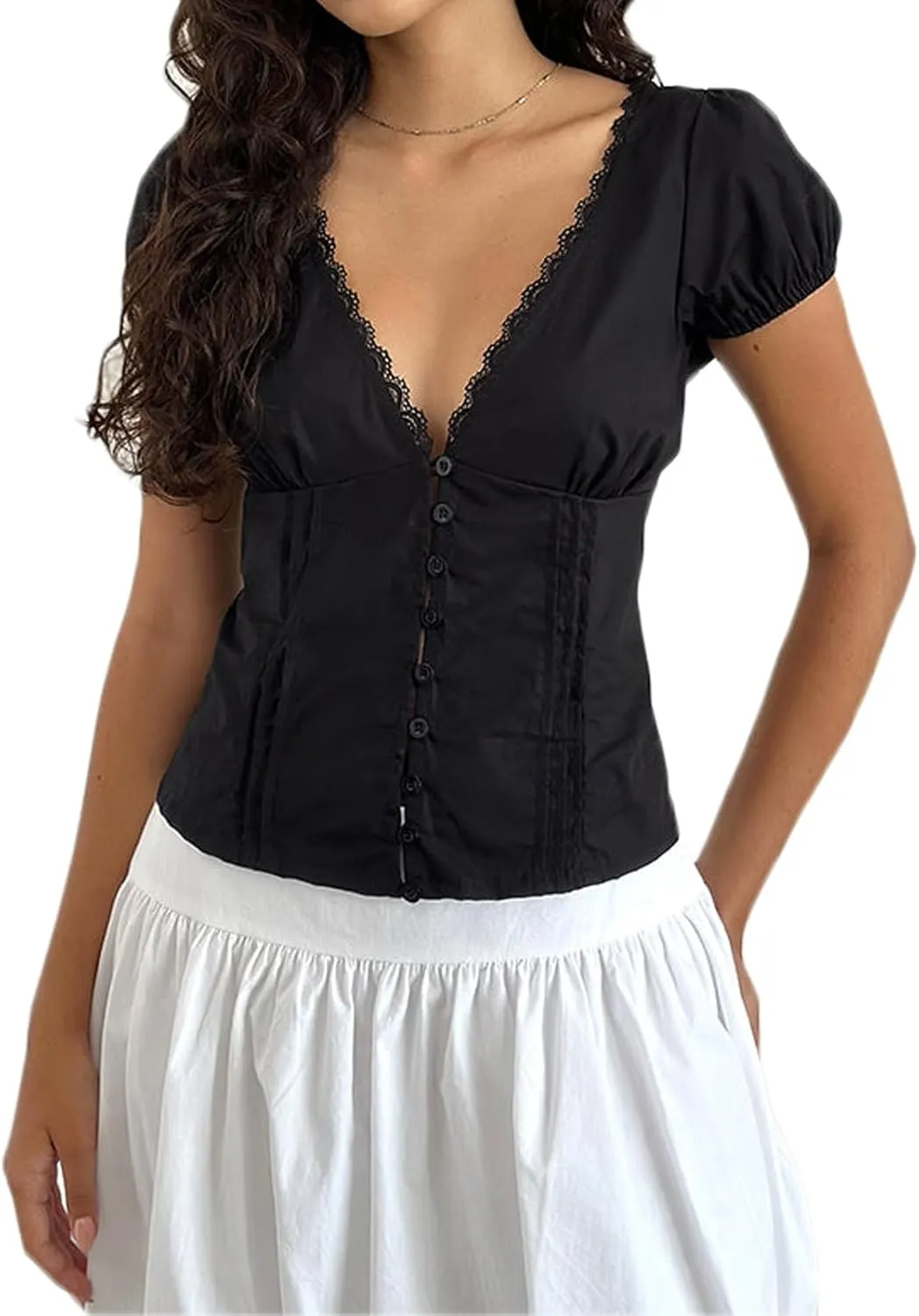 Women Puff Short Sleeve Tops Y2K Sexy Lace Trim Deep V Neck Shirt Casual Slim Fit Ruched Button Down Blouse