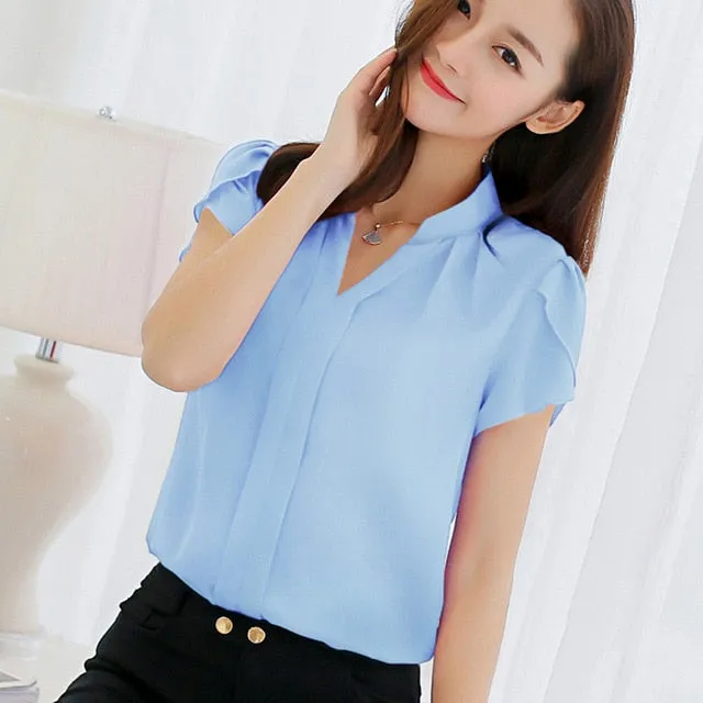 Women Shirt Tops Short Sleeve Elegant Ladies Formal Office Blouse Plus Size Chiffon Shirt clothing