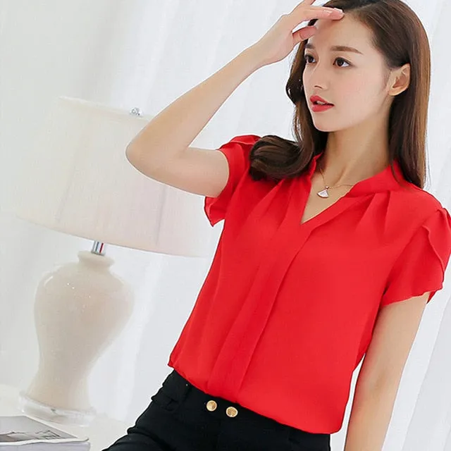 Women Shirt Tops Short Sleeve Elegant Ladies Formal Office Blouse Plus Size Chiffon Shirt clothing