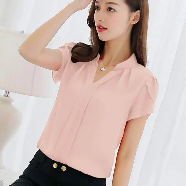 Women Shirt Tops Short Sleeve Elegant Ladies Formal Office Blouse Plus Size Chiffon Shirt clothing