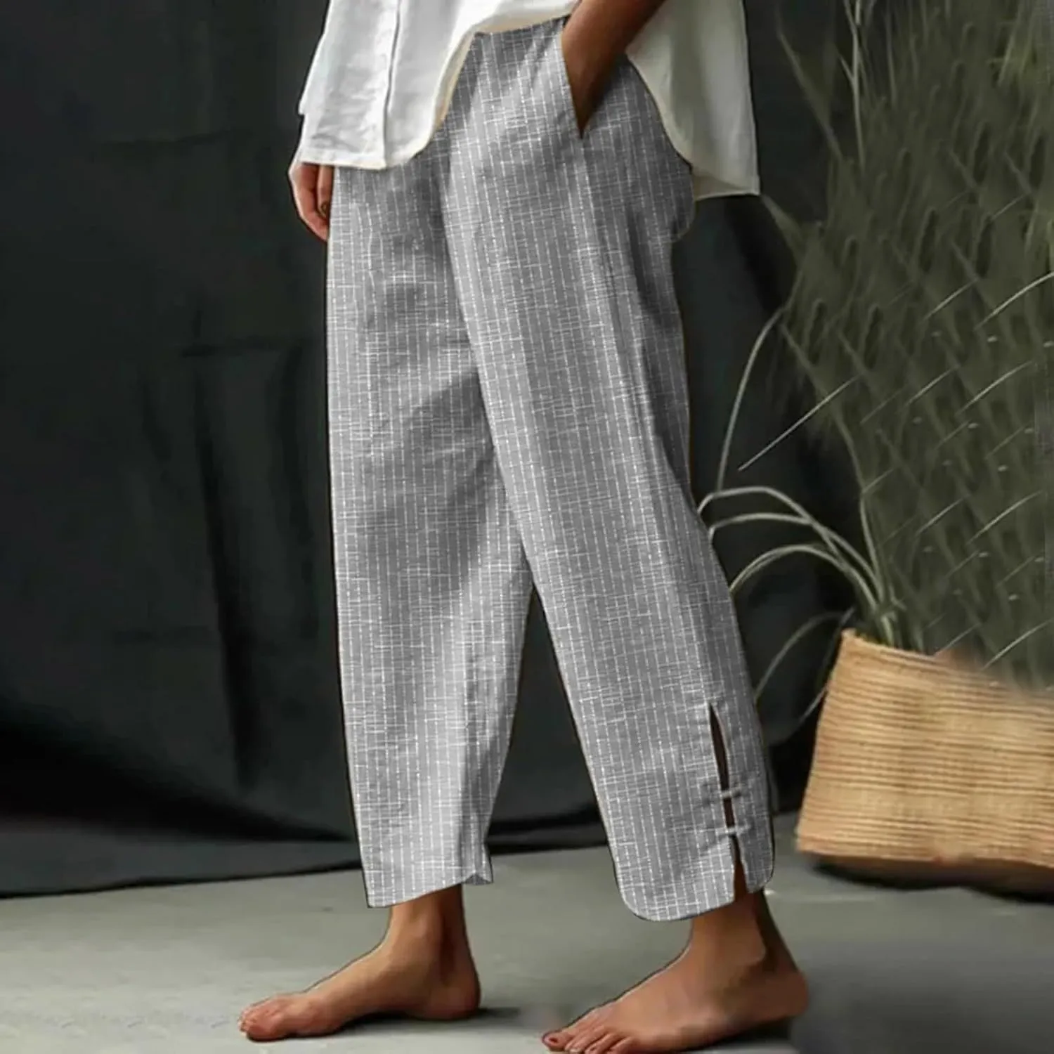 Womens Cotton Linen Pants Straight Leg High Waisted Striped Trousers Casual Loose Fit Side Slit Pants with Pockets