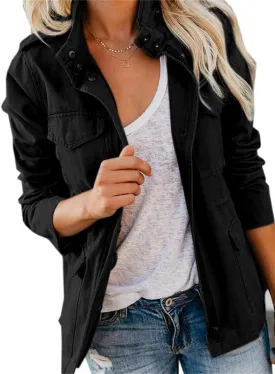 Womens Multi Pockets Military Jacket Washed Cotton Zip Up Jackets Spring Fall Button Down Denim Jean Coat