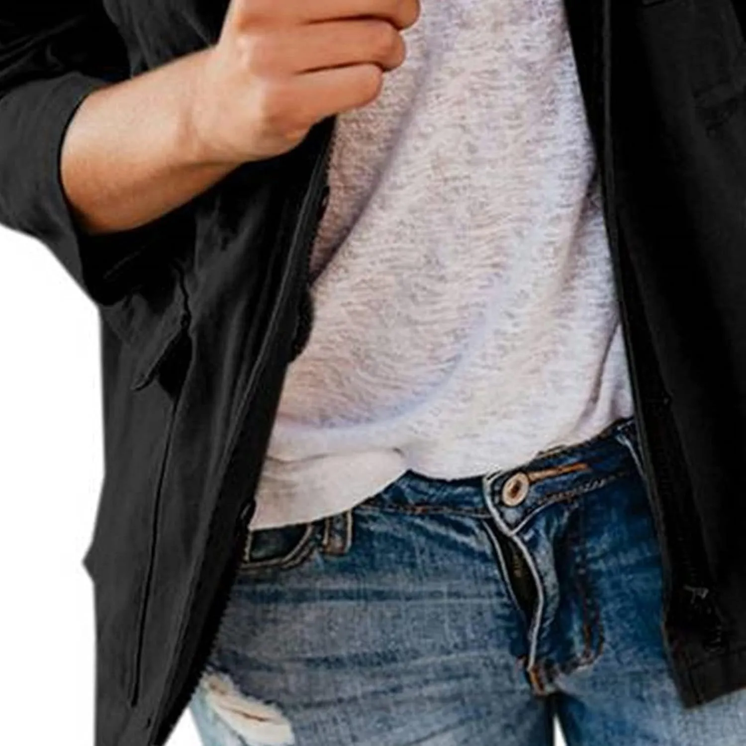 Womens Multi Pockets Military Jacket Washed Cotton Zip Up Jackets Spring Fall Button Down Denim Jean Coat