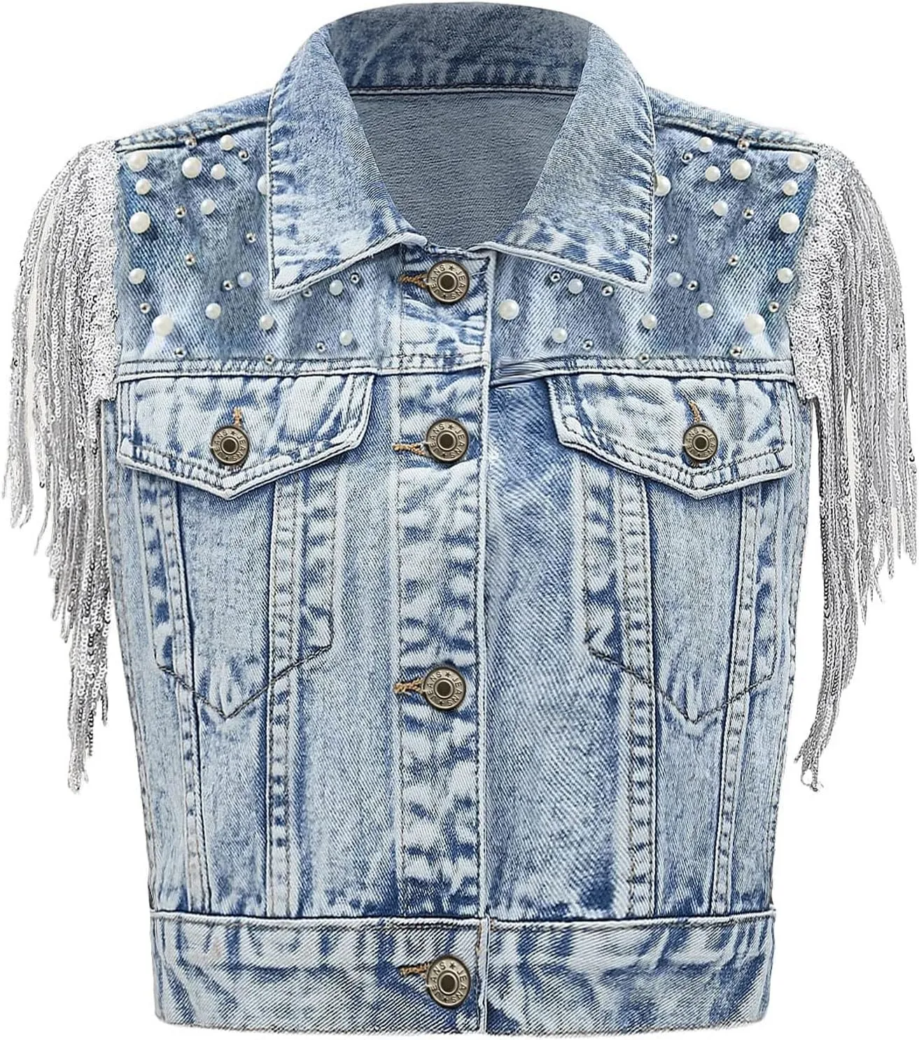 Women's Pearls Beading Denim Vest Sleeveless Sequin Fringe Jean Vest Western Cowgirl Outfit Tops