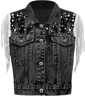 Women's Pearls Beading Denim Vest Sleeveless Sequin Fringe Jean Vest Western Cowgirl Outfit Tops