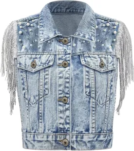 Women's Pearls Beading Denim Vest Sleeveless Sequin Fringe Jean Vest Western Cowgirl Outfit Tops