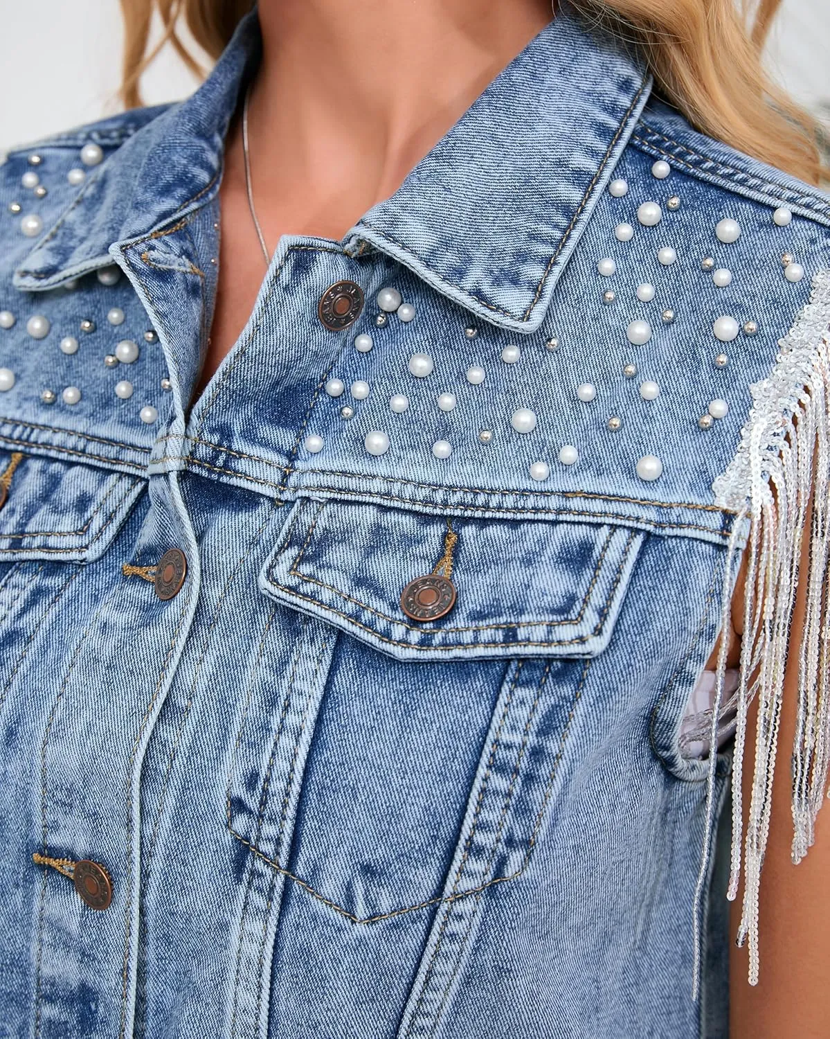 Women's Pearls Beading Denim Vest Sleeveless Sequin Fringe Jean Vest Western Cowgirl Outfit Tops