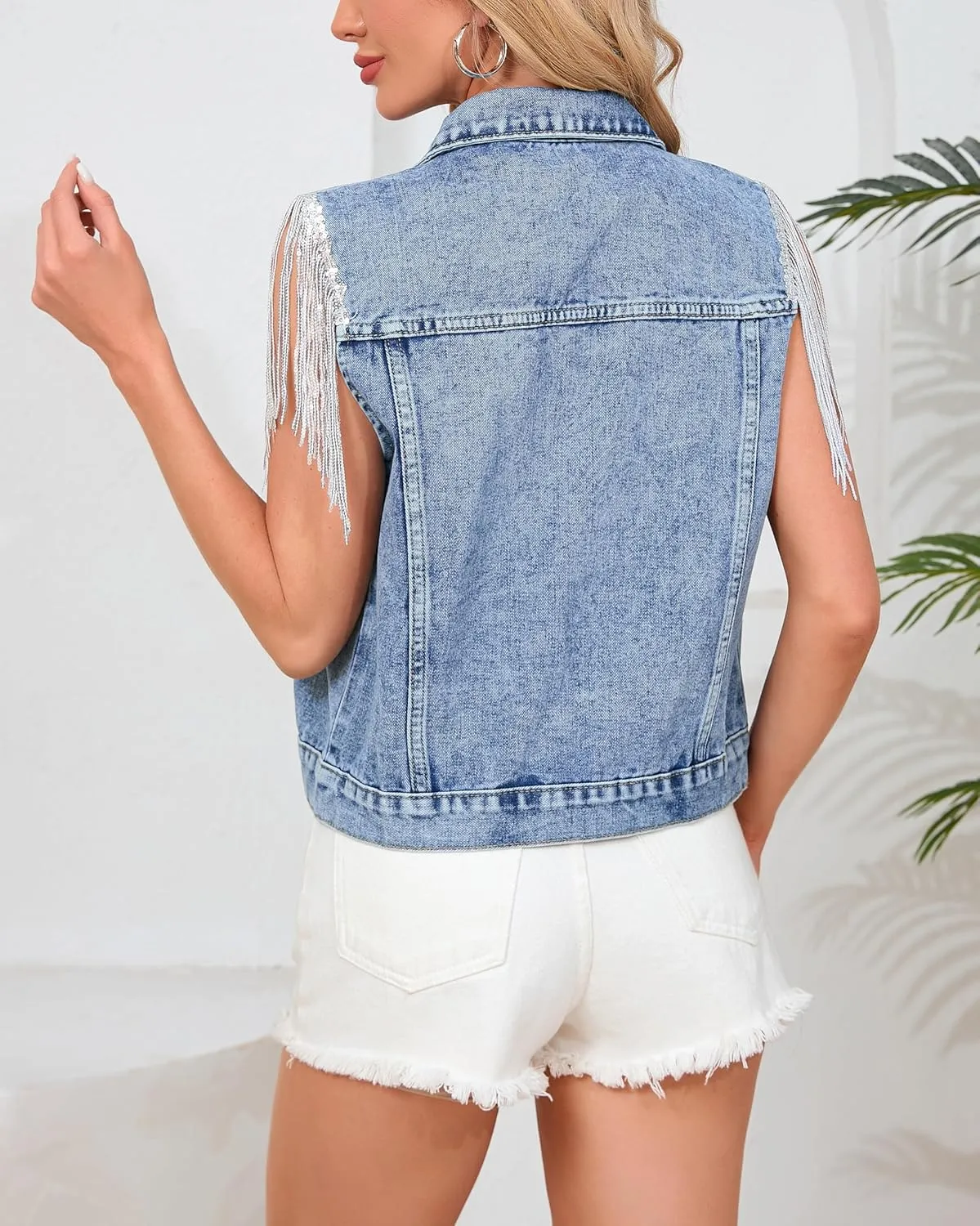 Women's Pearls Beading Denim Vest Sleeveless Sequin Fringe Jean Vest Western Cowgirl Outfit Tops