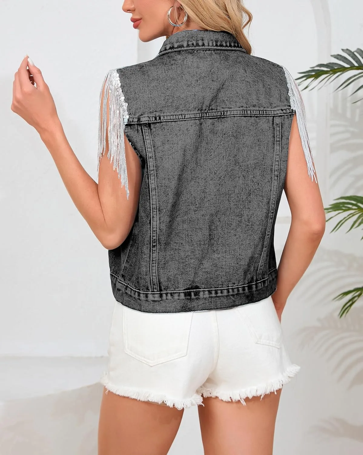 Women's Pearls Beading Denim Vest Sleeveless Sequin Fringe Jean Vest Western Cowgirl Outfit Tops