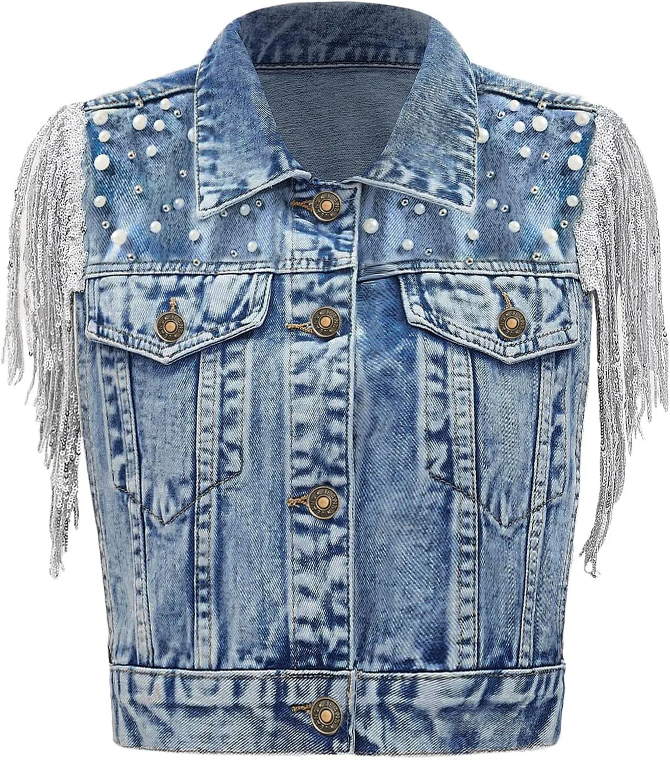 Women's Pearls Beading Denim Vest Sleeveless Sequin Fringe Jean Vest Western Cowgirl Outfit Tops