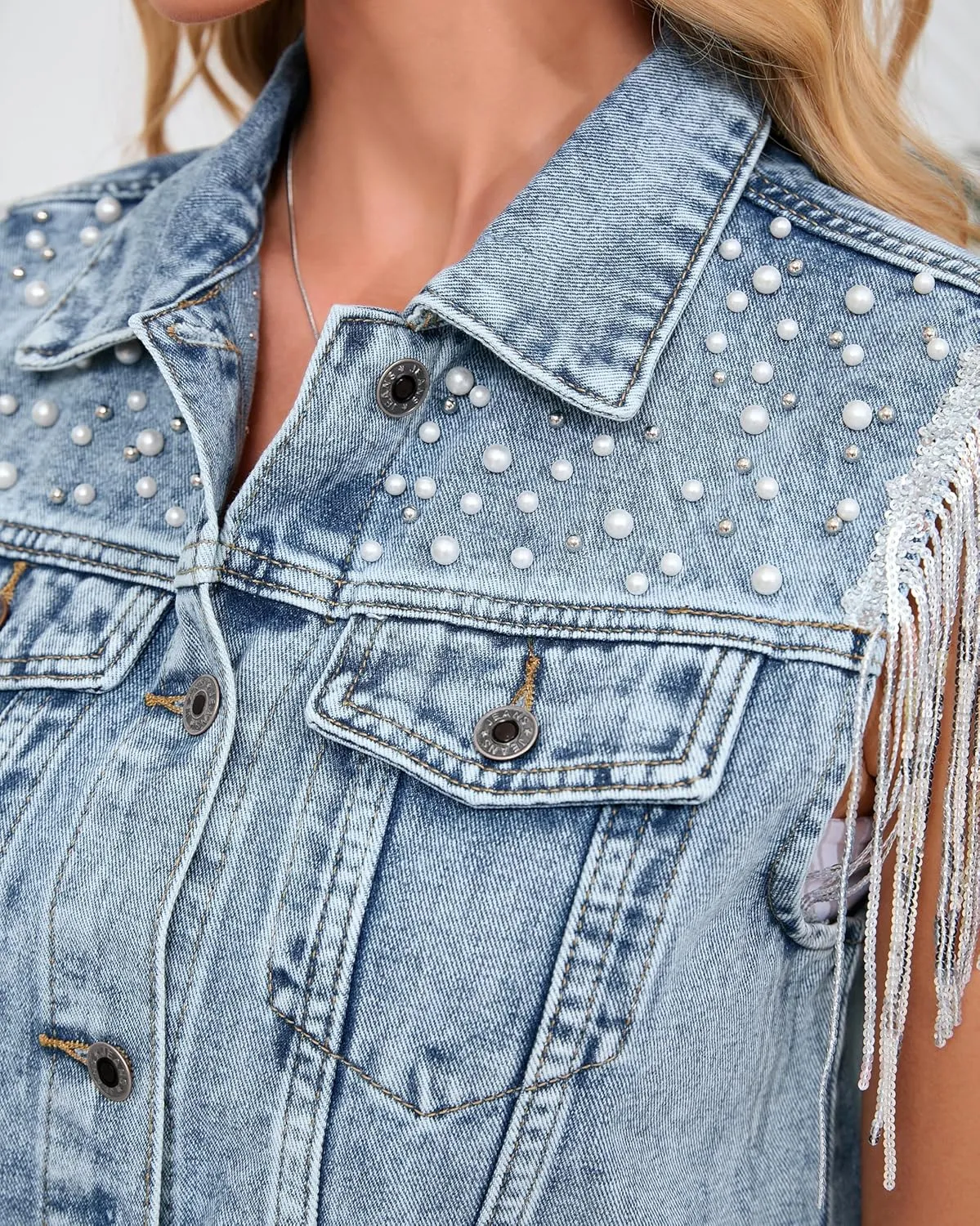 Women's Pearls Beading Denim Vest Sleeveless Sequin Fringe Jean Vest Western Cowgirl Outfit Tops
