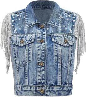 Women's Pearls Beading Denim Vest Sleeveless Sequin Fringe Jean Vest Western Cowgirl Outfit Tops