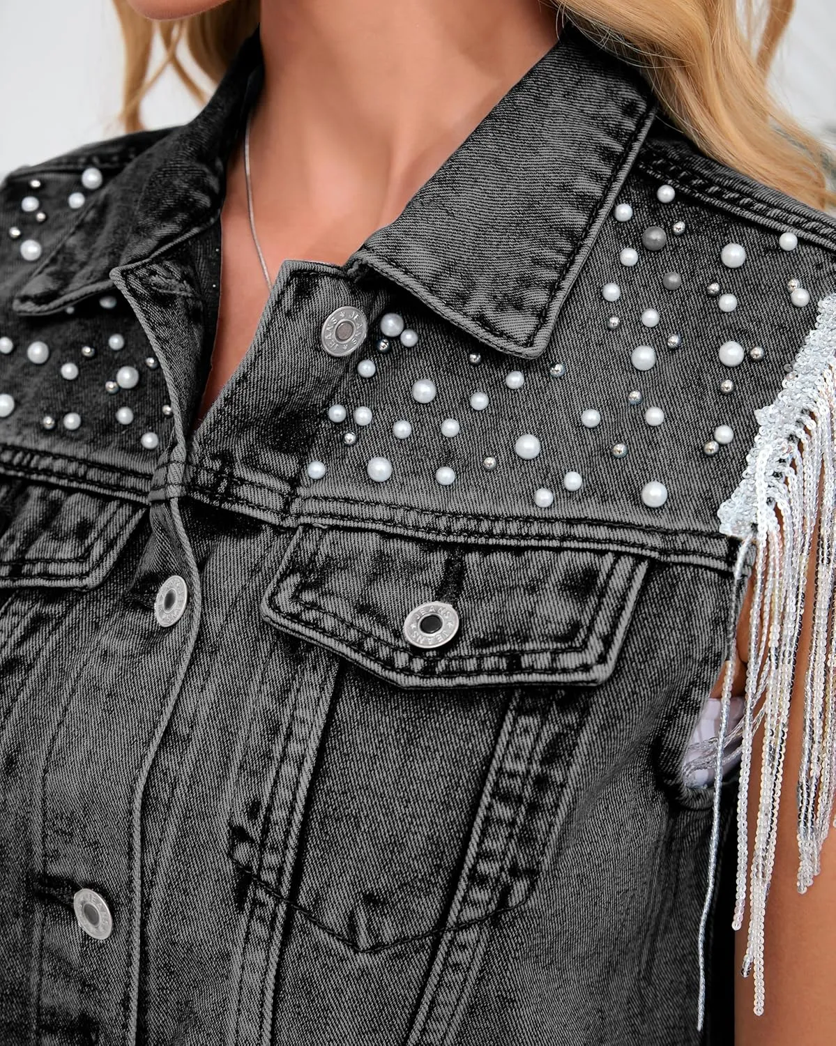 Women's Pearls Beading Denim Vest Sleeveless Sequin Fringe Jean Vest Western Cowgirl Outfit Tops