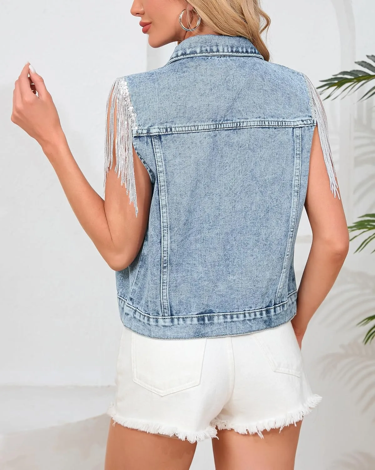 Women's Pearls Beading Denim Vest Sleeveless Sequin Fringe Jean Vest Western Cowgirl Outfit Tops