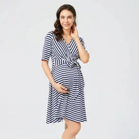 Women's Striped Maternity Shirt Dress, High-waisted Maternity Dress, V-neck, Stylish, Suitable for Breastfeeding, Summer